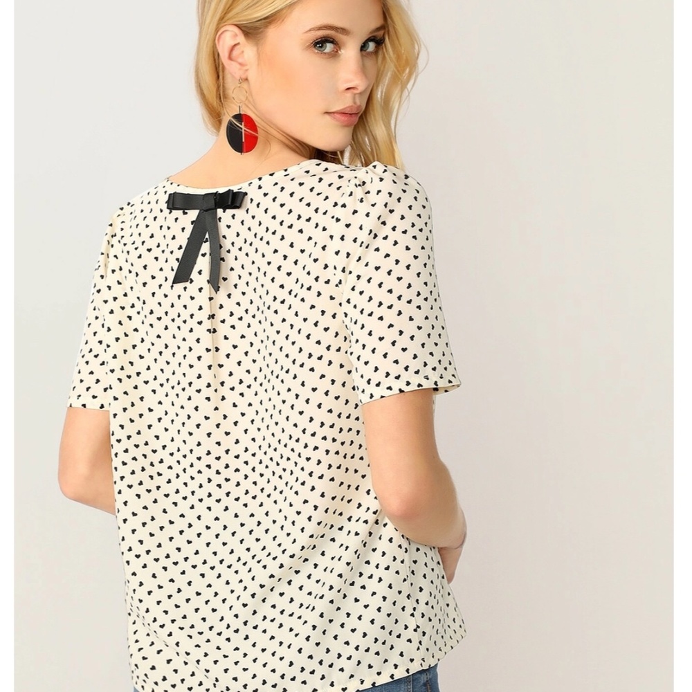 Cream and Black Heart Print Blouse with Bow - Valentines Day